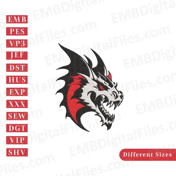 Angry dragon head silhouette animal embroidery file
