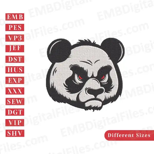 Angry panda with red eyes animal character embroidery file, PES, DST