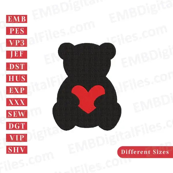 Baby bear with red heart silhouette animal character embroidery file, PES, DST