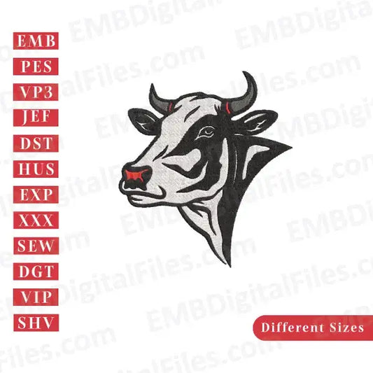 Cow head with horns silhouette animal character embroidery file, PES, DST