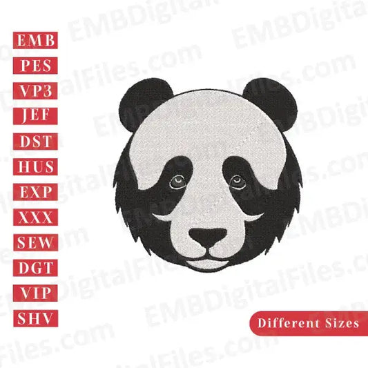 Cute panda head black and white silhouette animal character embroidery file, PES, DST