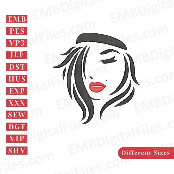 Cute princess red lips silhouette machine embroidery file