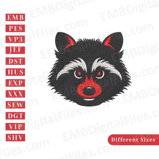 Cute raccoon black and red head silhouette animal embroidery file