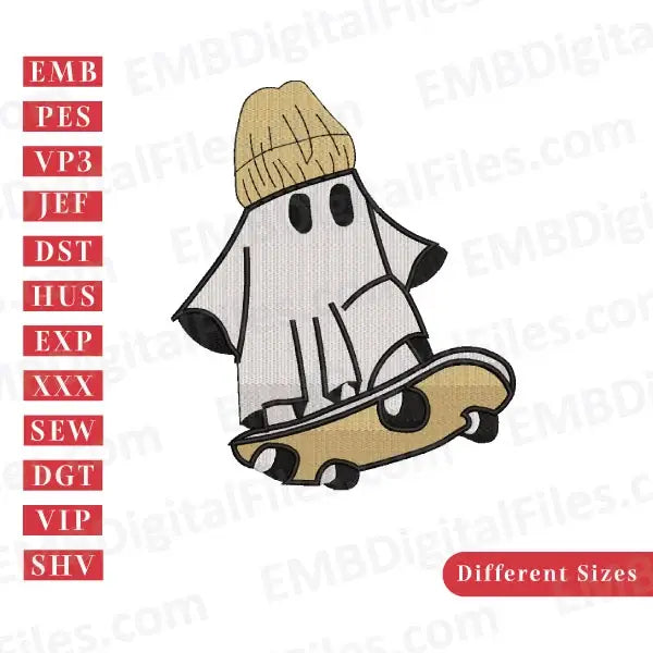Boo jee skateboard playing Halloween embroidery file