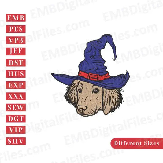 Halloween wizard dog face animal character embroidery file, PES, DST