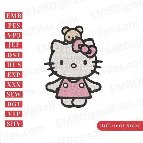 Hello kitty doll with teddy bear kids cartoon digital embroidery file, PES, DST