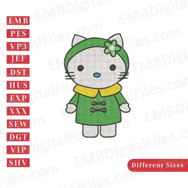 Hello kitty in green dress embroidery design