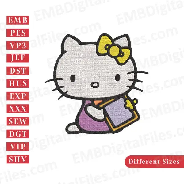 Hello kitty reading book embroidery design