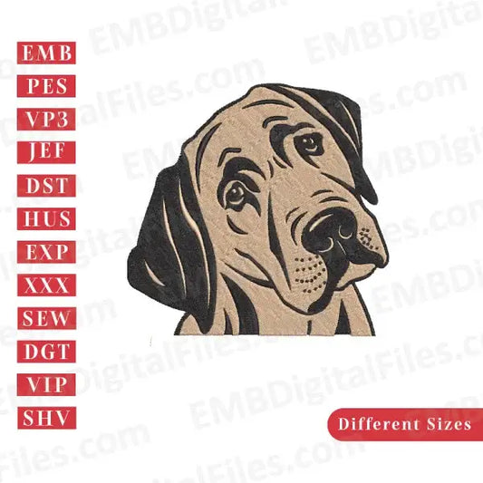 Labrador dog face silhouette animal character embroidery file, PES, DST