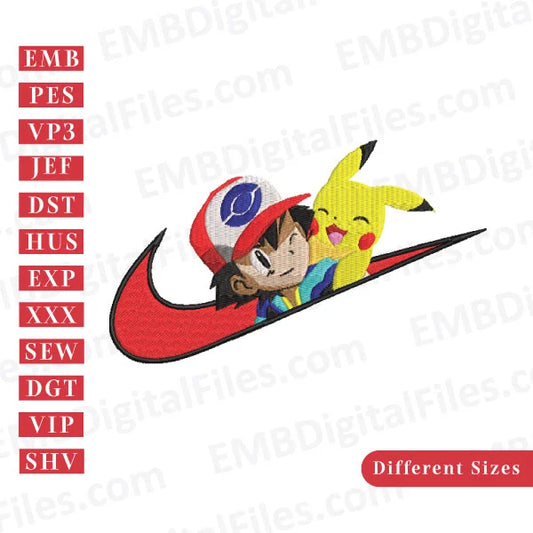 Nike swoosh pikachu anime embroidery design