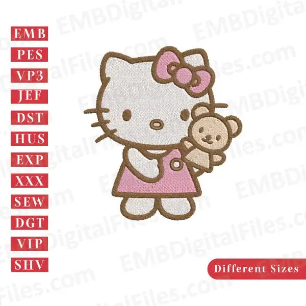 Hello pink kitty with bear embroidery design