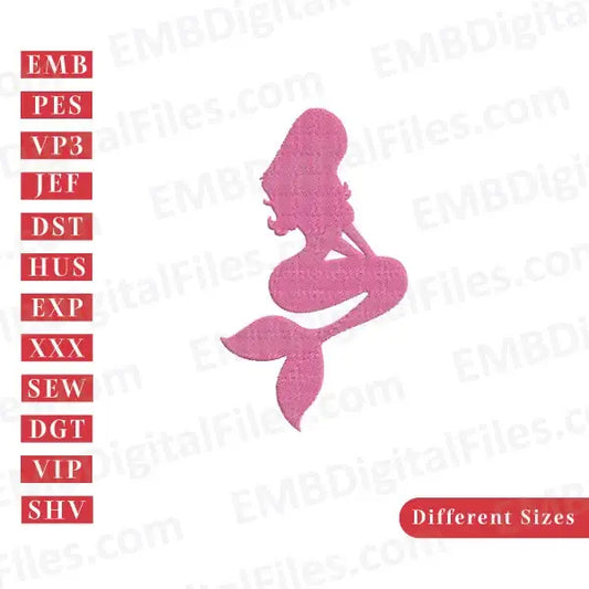 Pink princess mermaid silhouette kids digital embroidery file free download, PES, DST