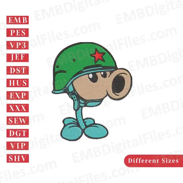 Solider peashooter Plants Vs Zombies video game character embroidery file, PES, DST