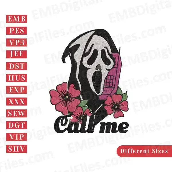 Spooky ghost call me cartoon embroidery file