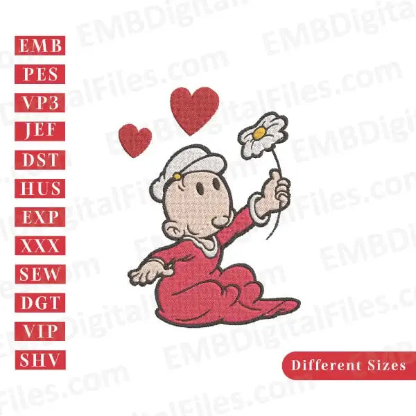 See'Pea with hearts cartoon character machine embroidery files, PES, DST