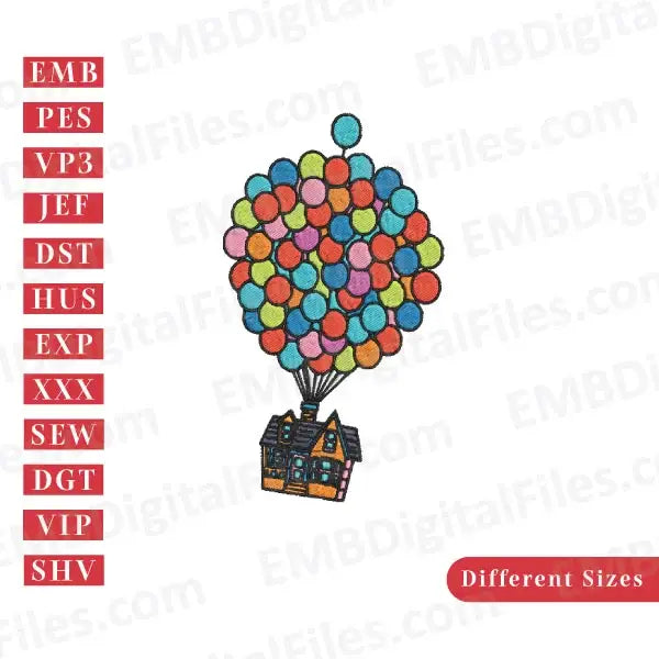 Flying up house with balloons machine embroidery designs, PES, DST