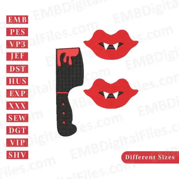 Women vampire red lips with knife Halloween machine embroidery designs, PES, DST