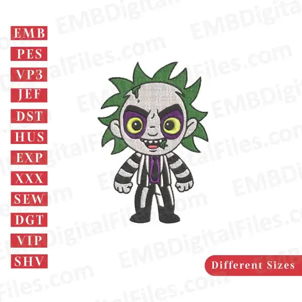 Beetlejuice chibi cartoon character machine embroidery designs, PES, DST