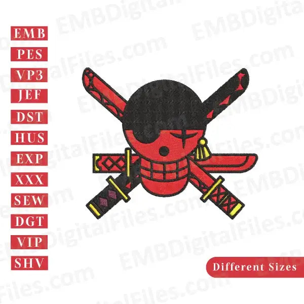 One piece character zoro skull logo, Anime Inspired Embroidery Design
