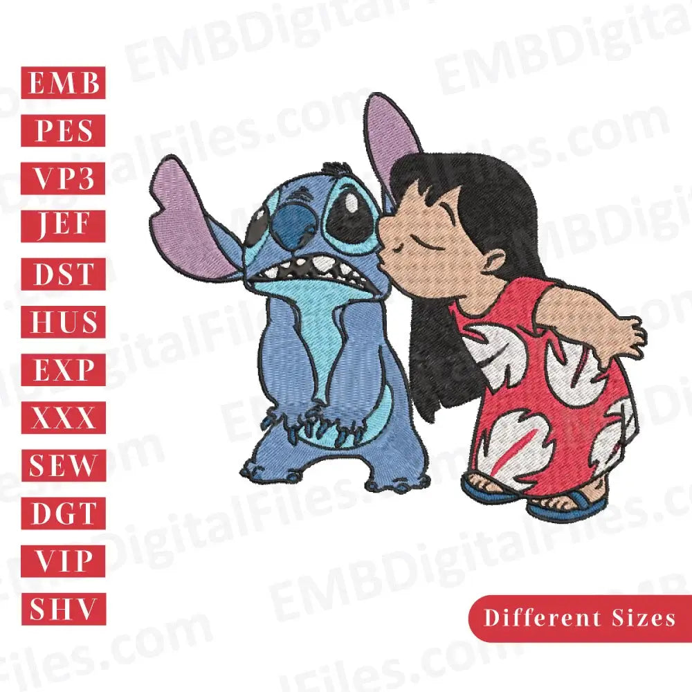 Lilo kiss stitch embroidery files, Lillo and Stitch, Cartoon Embroidery Design