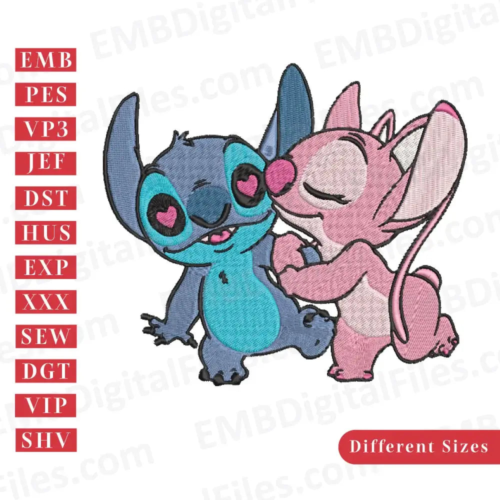 Stitch and angel in love, Lilo and stitch Cartoon Embroidery Design