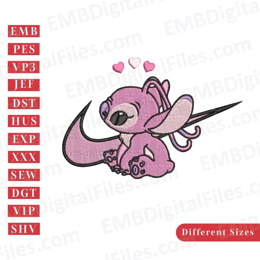 Angle with hearts swoosh embroidery design, Lilo and Stitch Cartoon Embroidery Instant Download