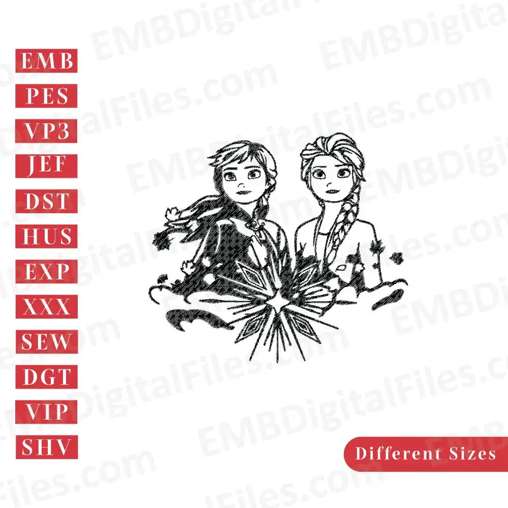 Elsa and Anna with snowflake embroidery design, Disney Cartoon Embroidery