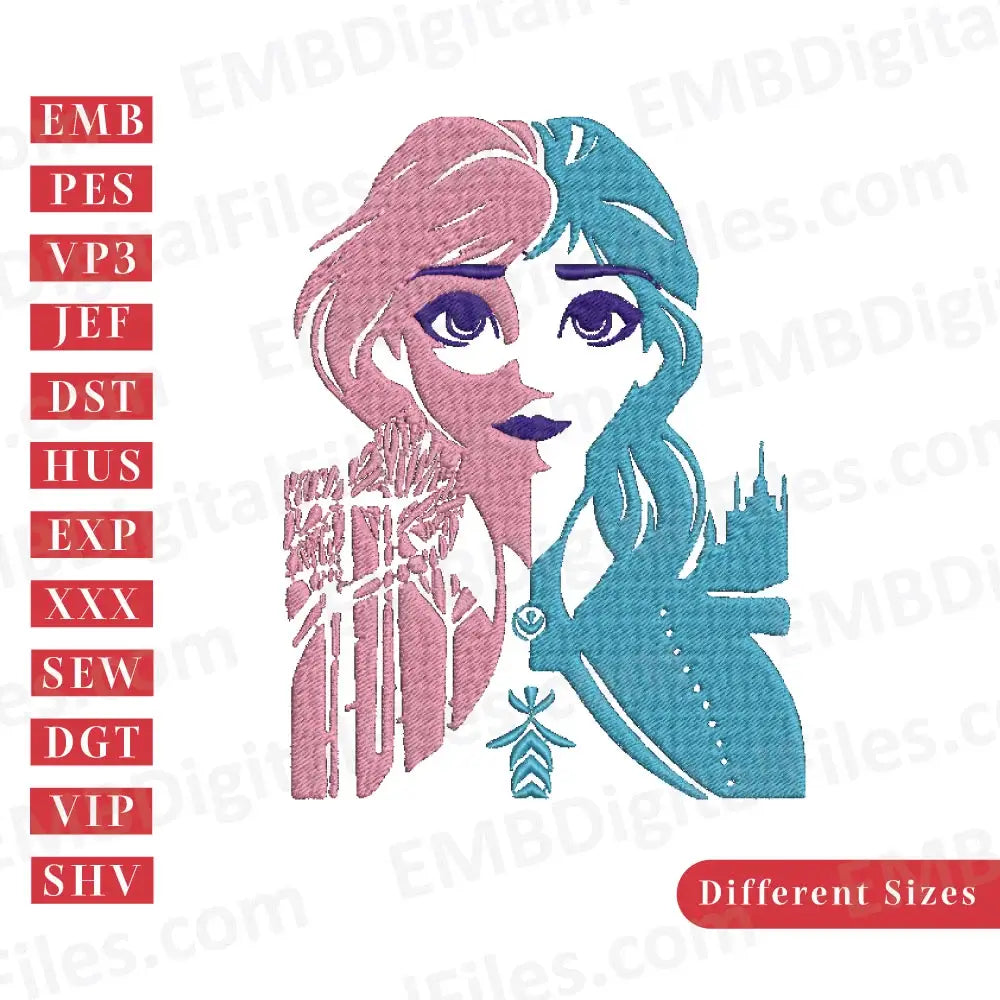 Frozen Princess Elsa and Anna embroidery design, Disney Cartoon Embroidery