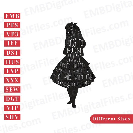 Disney Princess Alice phrase silhouette embroidery design, Disney Cartoon Embroidery