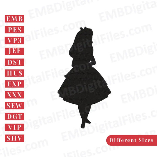 Princess Alice in wonderland silhouette embroidery design, Free Disney Cartoon Embroidery