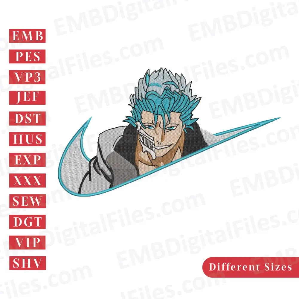 Grimmjow anime swoosh embroidery files, Cute Anime Embroidery Design
