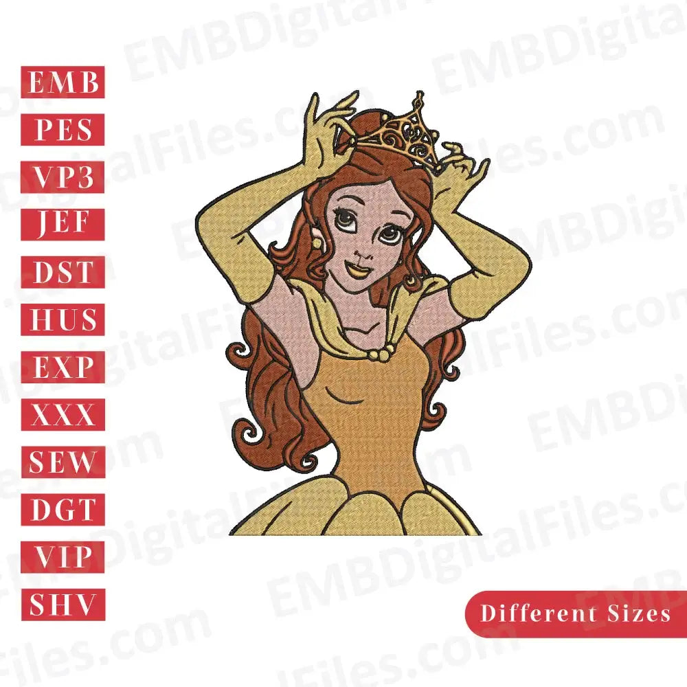Princess belle wearing crown embroidery design, Disney Cartoon Embroidery Files