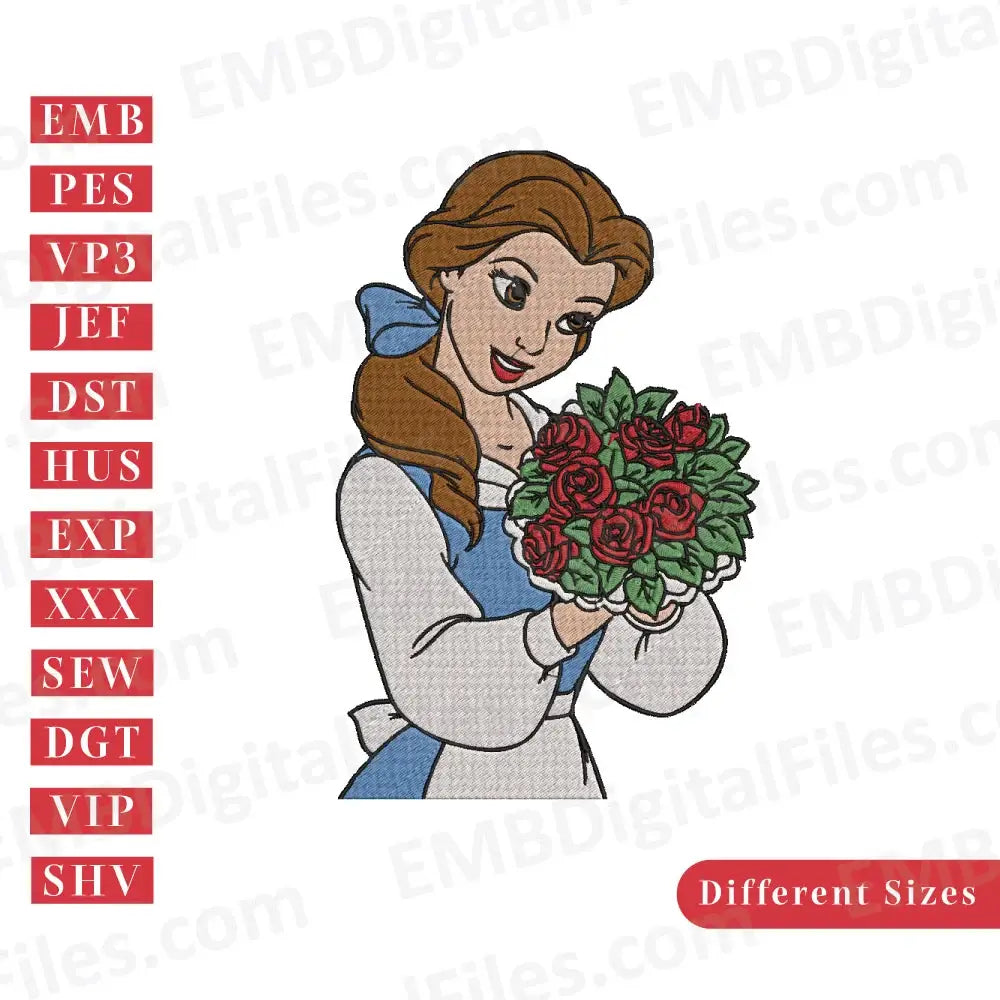 Disney Princess Belle with roses embroidery design, Disney Cartoon Embroidery