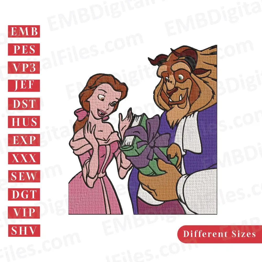 The beast gives book to Princess belle embroidery design, Disney Cartoon Embroidery