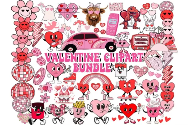 Retro Valentine day Clipart Bundle