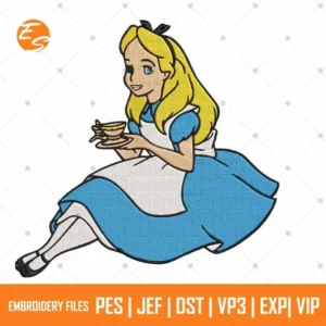 Alice drinking tea free embroidery design